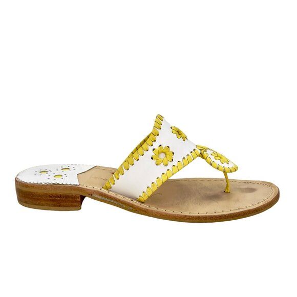 Jack Rogers White Yellow Leather Whipstitched Handmade Thong Sandals Size 7 - Picture 1 of 9